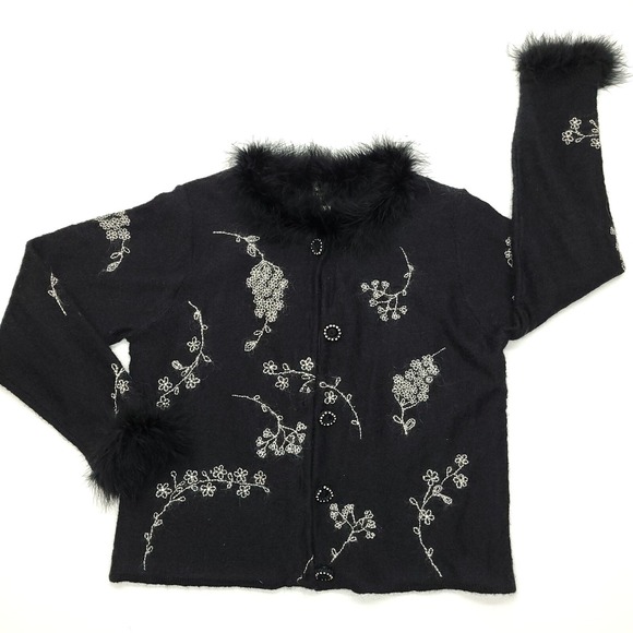 Vintage Cardigan Women L Black Mohair Embroidered Feather Susan Bristol 2002 - Picture 1 of 11